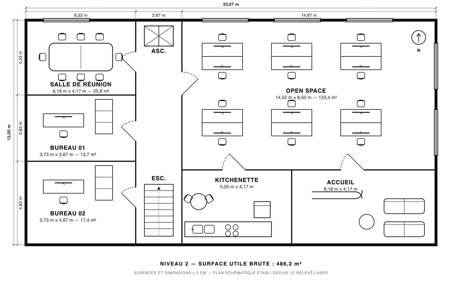 Plan schématique d'un plateau de bureaux avec surfaces, produit à partir d'un relevé LiDAR