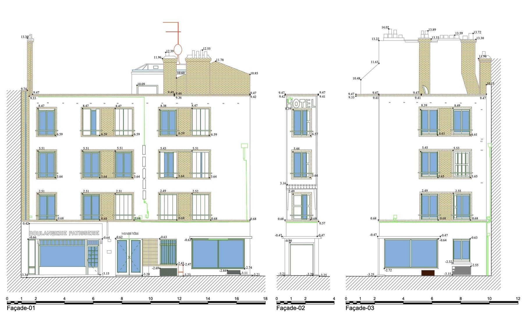 Plans de façades d'un ancien hôtel au Havre